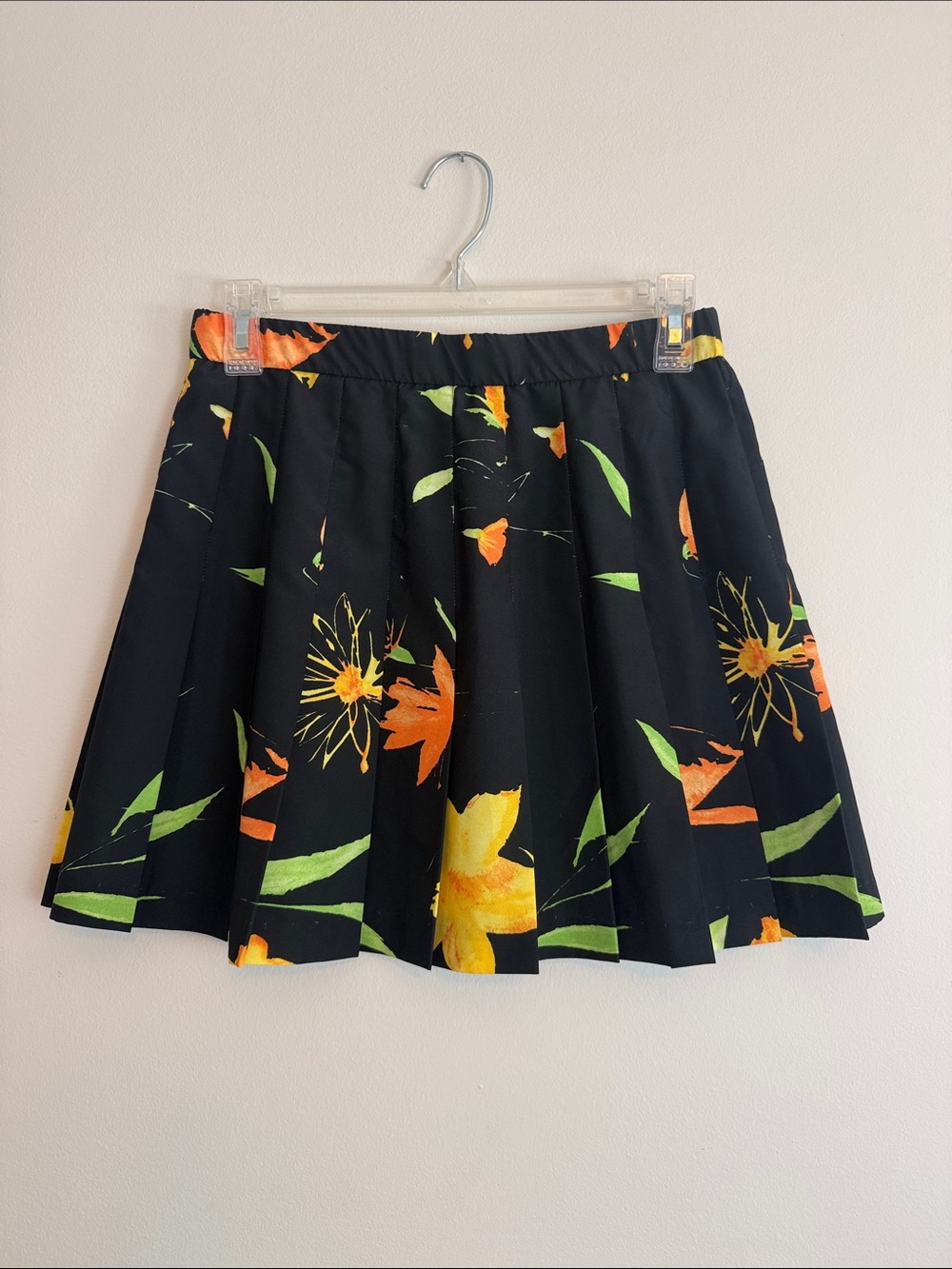 Black Floral Pleated Skater Skirt with Yellow & Orange Blooms